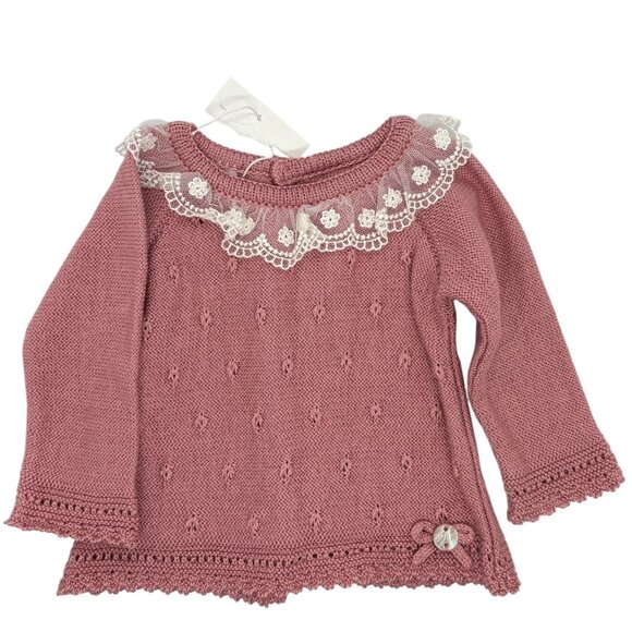 Paz Rodriguez Knit Cardigan Lace Collar 1M Pink Cotton Blend Spain - Picture 2 of 4